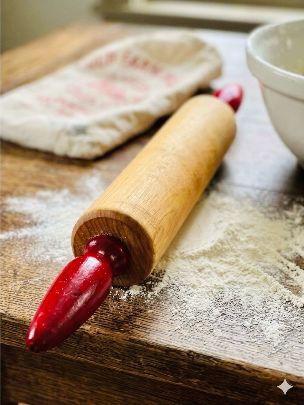 Vintage Red Handled Wooden Rolling Pin Cottage Farmhouse Baking Grandma Vibes